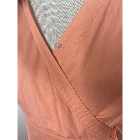 Talbots Cotton Wrap Dress Sz 10 Sleeveless Ruffle Tie Midi Coral Pink - Picture 7 of 11